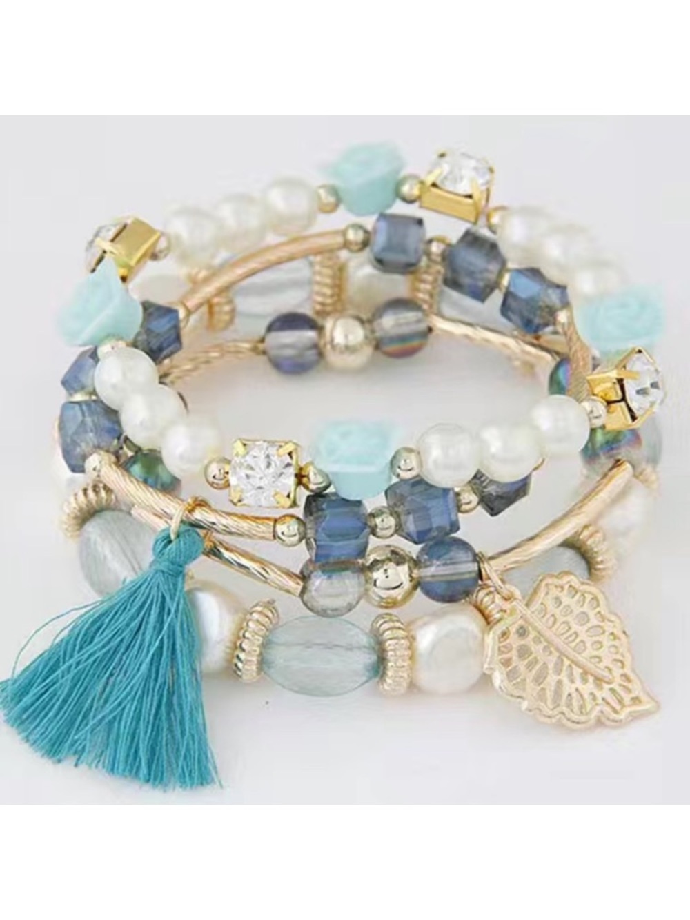 Beaded 4 Piece Stretch Stack Bracelet Set with Roses
